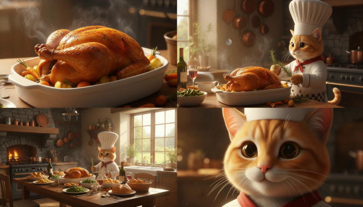 Prompt: hi openart can you make a video of @chefcat making a sunday roast chicken 