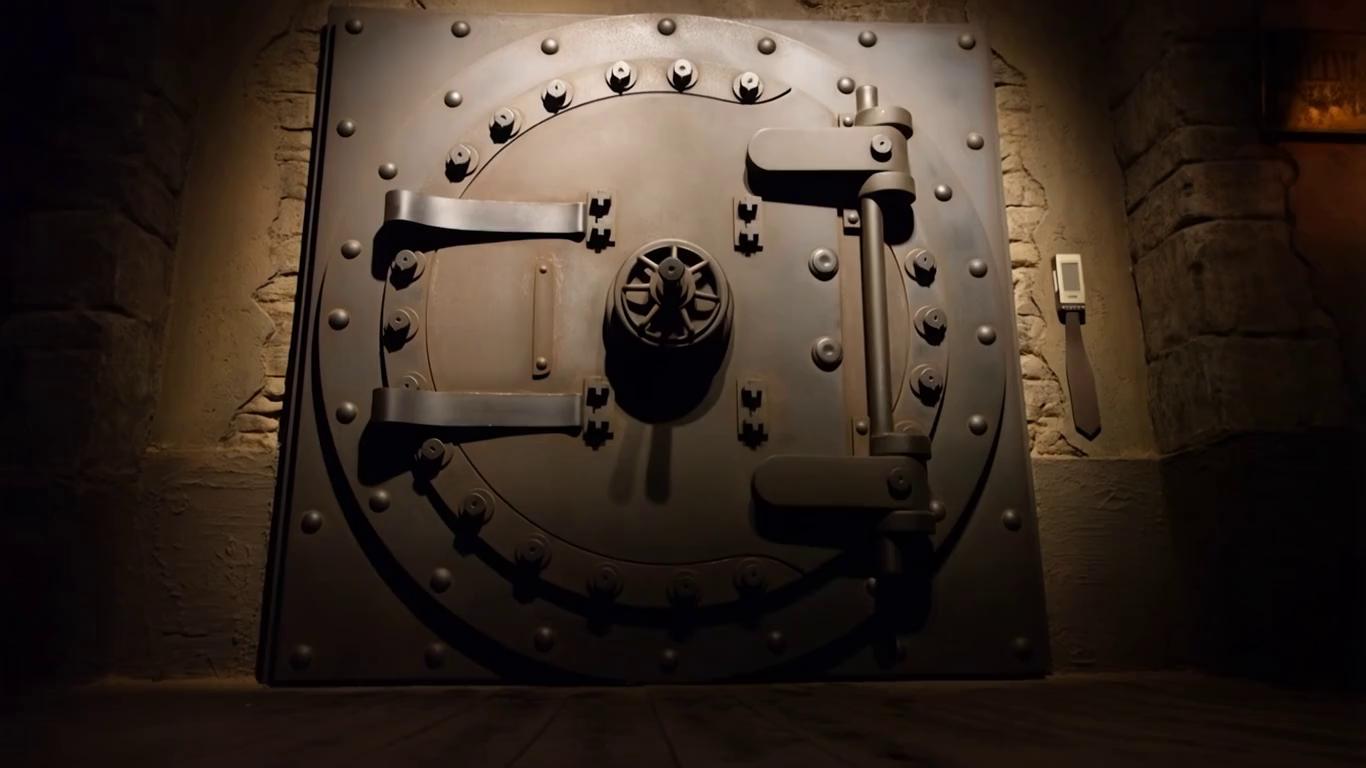 Prompt: eye level camera of old western bank vault, static video with slight movement