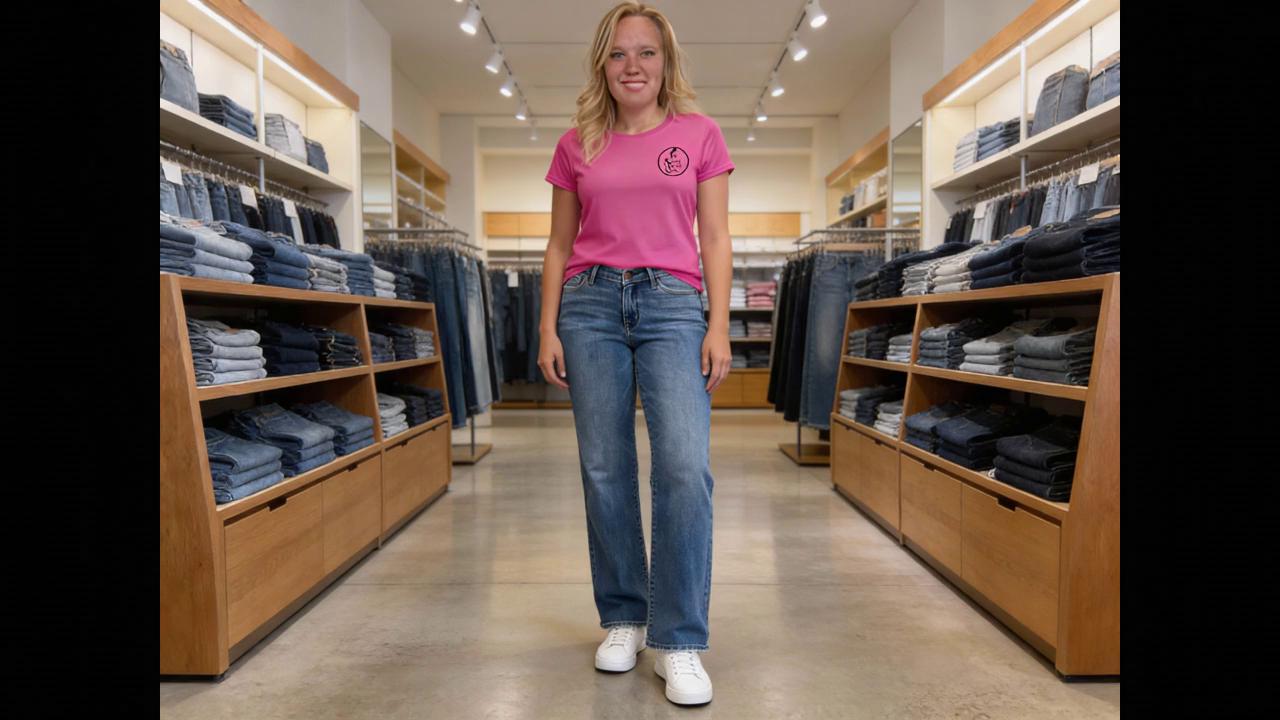 Prompt: Have model saying " Shop Simply You and Co for these comfortable Judy Blue High Waist V-Front Vintage Wash Straight Jeans."