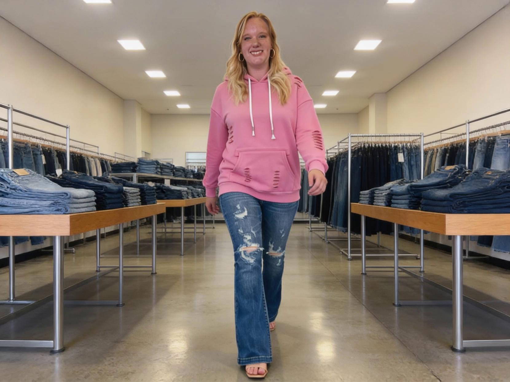 Prompt: Walking forward saying "Shop Simply You and Co for the best styles from Judy Blue like these button fly destroyed jeans." Making sure the face remains as the model throughout the video. making sure the movement of the models mouth is not over exaggerated.