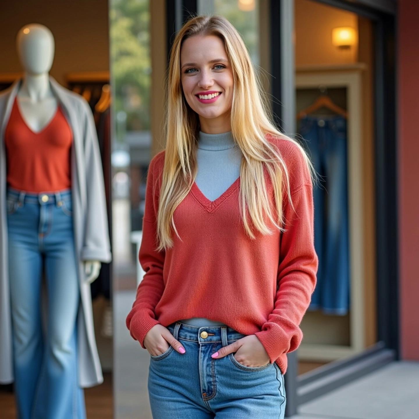 Prompt: "Standing in place confidently and enthusiastically, while saying: 'Check out the new Judy Blue collection at Simply You and Co dot com! Weather you like skinny , wide leg  or straight leg jeans. Simply You & Co has the jeans for you.' Make sure to convey excitement and style, showcasing the vibrant atmosphere of a trendy fashion store."