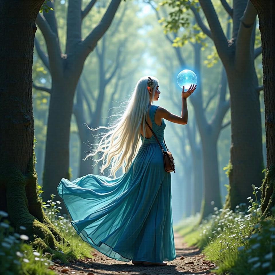 Prompt: fantasy realism female elf mage 9a16b832 with long white hair, pointed ears, blue dress, holding glowing orb, brown satchel In a serene forest glade, a tall figure stands at the center, framed by towering ancient trees whose leaves filter dappled sunlight onto the forest floor. The character, with flowing long white hair cascading down her back and delicate pointed ears peeking out, wears a shimmering blue dress that ripples like water with every subtle breeze. She holds a glowing orb aloft in one hand, casting a soft azure light that contrasts beautifully with the earthy tones of her brown satchel slung over her shoulder. The scene allows for dynamic camera angles, emphasizing the elegance of her posture as the vibrant foliage encircles her like a protective embrace, ensuring she remains the sole focus amidst the enchanting backdrop.