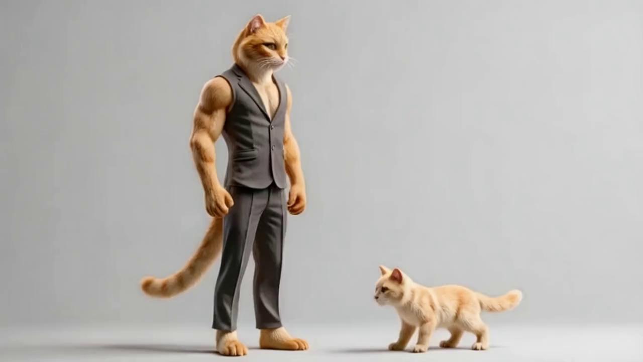 Prompt: the orange cat is hitting the small cat, background is in a wood