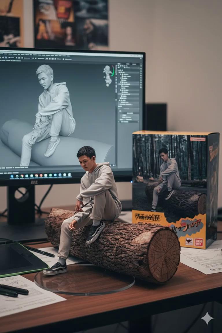 Prompt: Nure two hand gently pick up the figure on the frame and rotate it slightly for inpection.the model in the packaging box remain stationary,while all other background elements stay unchanged.