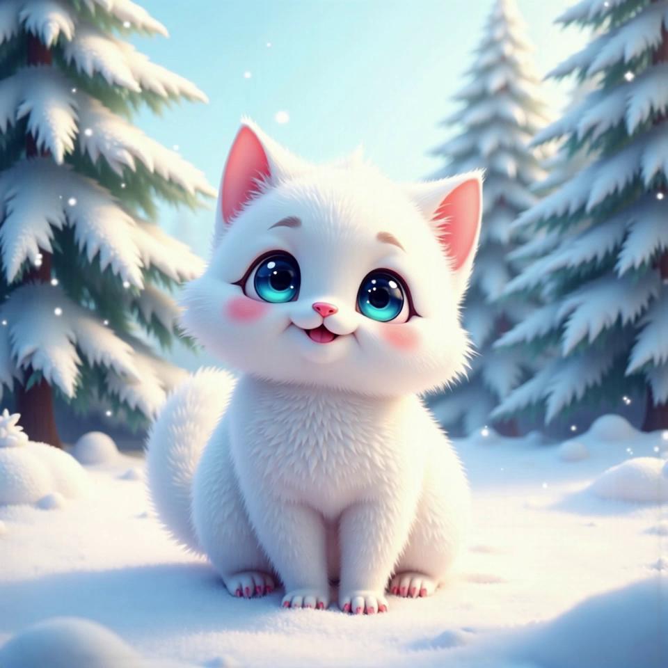 Prompt: cute digital illustration white kitten 8d9b3a11 with white fluffy fur, large blue eyes, pink nose, rounded ears In a whimsical, snow-dappled forest, a charming character stands on a bed of soft white snow, their fluffy white fur glinting in the dappled sunlight filtering through the overhead branches. With large blue eyes that sparkle with a playful curiosity, and a tiny pink nose twitching inquisitively, they exude a sense of warmth and innocence. The backdrop of frosted pine trees and gently falling snowflakes creates a serene winter wonderland, while the character remains the sole focus, filling the frame with their captivating presence, ready for a dynamic 360-degree exploration of their enchanting world.