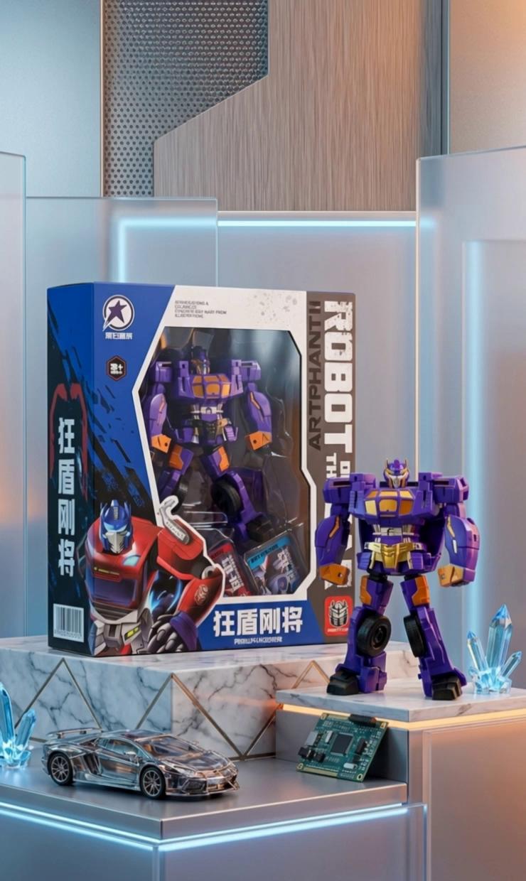 Prompt: A 30-second cinematic high-fidelity mecha anime-style action sequence with synchronized high-fidelity cinematic sound design. The exact purple and gold robot toy from the image bursts out of its cardboard packaging, tearing through the plastic window accompanied by a loud, crisp cardboard tearing sound and plastic crunch. The robot maintains its exact design, toy joints, and glossy texture. It breaks into a series of agile, lightning-fast martial arts movements, performing acrobatic flips with whooshing swoosh sounds.

The toy robot leaps high into the air, accompanied by a sudden, powerful jet thruster ignite roar from its feet as it hovers. It fires energy blasts from its integrated arm cannons with high-pitched sci-fi laser blast sound effects, targeting other toy enemies that explode with dynamic, crunchy explosion sounds and metallic debris clatter. Handheld camera, rapid whip-pans, and slow-motion bullet time emphasize the agility, with a subtle low-frequency atmospheric hum in the background.

The robot slams heavily onto the metallic ground in a classic superhero landing; the earth violently shakes, triggering a heavy, deep sub-bass ground slam impact sound effect, accompanied by the clatter of scattering debris and dramatic anime speed lines. It immediately transitions into a smooth, stylish 360-degree spin, drawing a futuristic rifle with a mechanical metallic weapon-cocking click. The camera rapidly zooms in to a low-angle close-up as the robot stares directly into the lens, raises its glowing weapon, and fires a massive, echoing laser blast straight at the camera, ending with a sharp sonic boom that suddenly cuts to silence as the screen fades to white. High-end Ufotable style animation, rich cinematic lighting, sharp outlines, flawless audio-visual synchronization.
