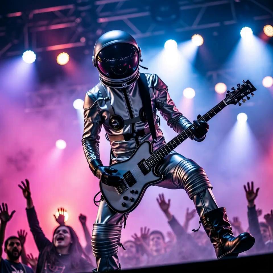 Prompt: the character points at the camera and vigorously plays the guitar. in the background, the lights strobe wildly