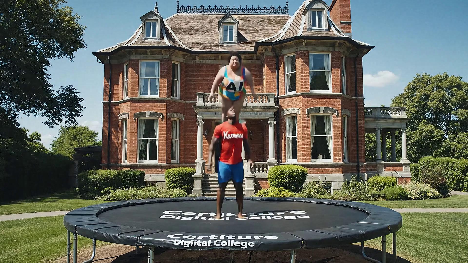 Prompt: I want a young black man on a trampoline. The trampoline is written Certitude Digital College in bold, the young man's T-shirt is written "Kamaa". A fat Chinese lady in a swimming costume written "AI" jumps in slow motion from a vintage house rooftop. Everyone expects the young man to be thrown up after the lady lands on the trampoline only for the trampoline to get torn and the ground underneath collapse.  