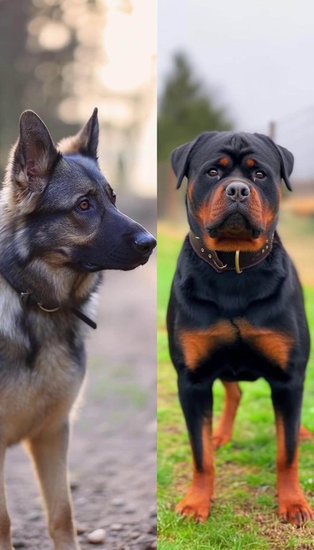 Prompt: “12-second cinematic split-screen video comparing Rottweiler vs German Shepherd based on true guarding temperament. Left: German Shepherd—ears up, scanning environment, fast reactions, high alertness. Right: Rottweiler—calm stance, powerful build, steady eye contact, quiet protectiveness. No aggression, realistic natural behavior, outdoor neutral setting, dramatic yet natural lighting, smooth transitions, high-quality social-media video.”realistic dogs, social-media viral style.”