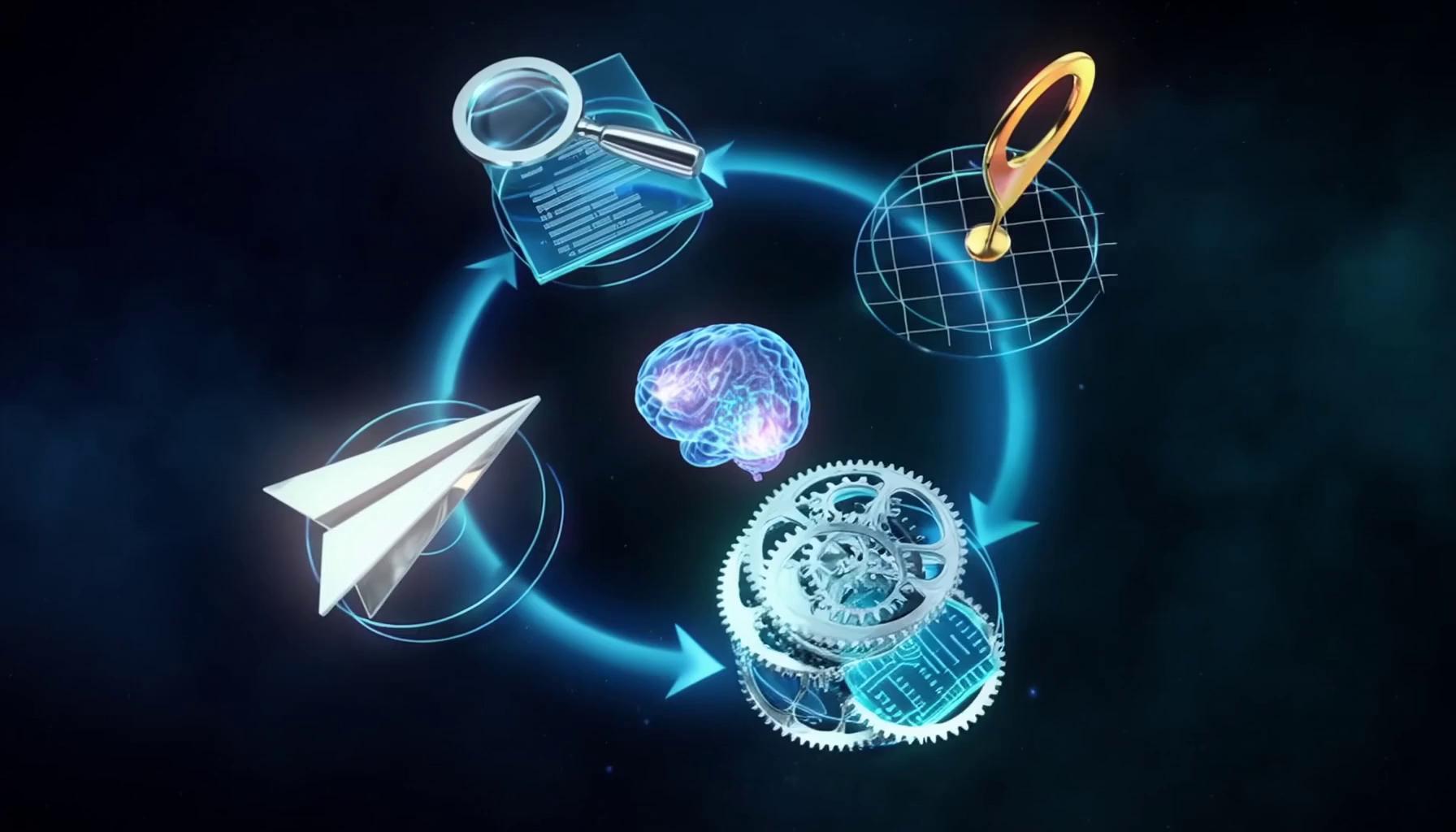 Prompt: "A futuristic, 3D circular workflow diagram floating in a dark void. Four high-fidelity, glass-textured icons are arranged in a ring, connected by glowing blue laser arrows.

North Icon: A floating glass magnifying glass analyzing a document (Research).

East Icon: A glowing gold map pin on a digital grid (Localise).

South Icon: A complex gear mechanism merged with a microchip (Optimise).

West Icon: A 'Send' paper plane icon launching upwards (Publish). The center of the ring contains a pulsing 'AI Brain' orb. Deep depth of field, neon rim lighting, cyber-security aesthetic. 8k resolution. --ar 16:9"