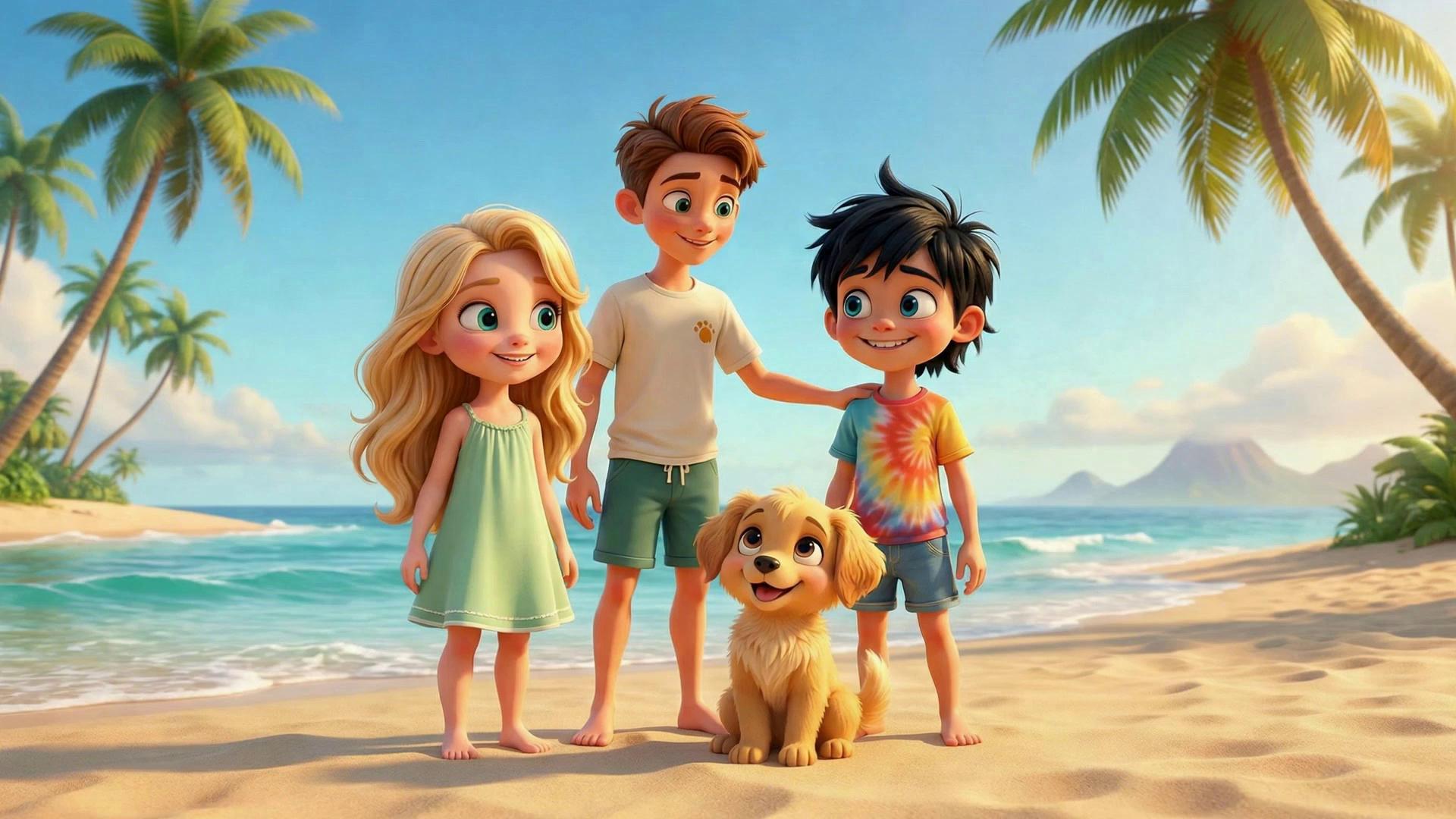 Prompt: everyone enters the frame. everyone is smiling and looking at one another. then everyone looks at the camera. the last frame is zoomed in on the girl and the dog. the girl is waving to the camera.