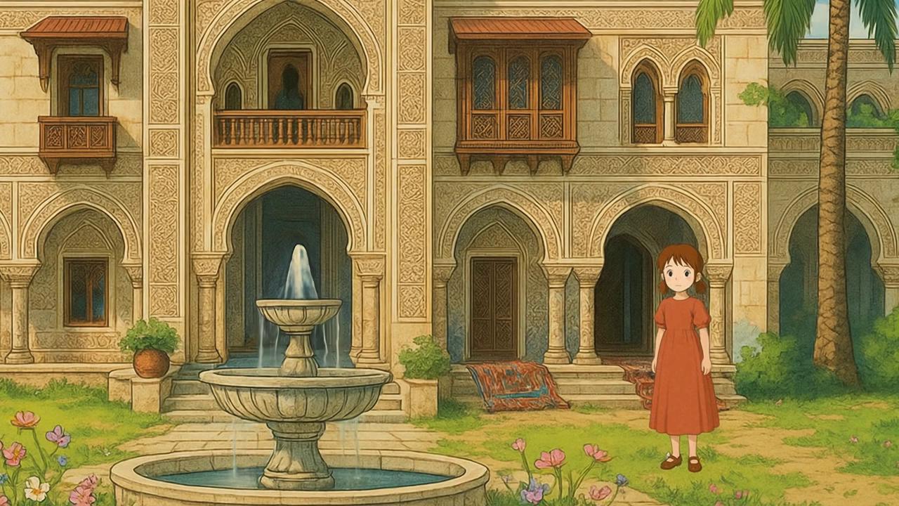 Prompt: "A stylized animated character runs happily across a sunlit courtyard toward a stone fountain. The character pauses briefly at the fountain, lowering their head slightly as if to drink. The camera captures the moment with warm light, flowing water, and swaying flowers in the background. The scene is peaceful and hand-drawn in style."


