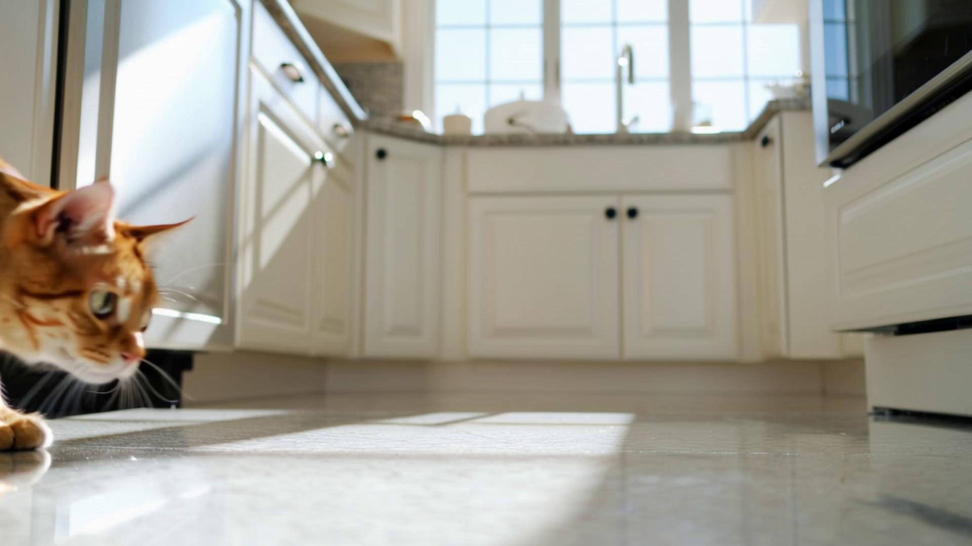 Prompt: A realistic cat sneaks into a kitchen.
He grabs a bag of treats.
Suddenly hears a noise.
Freezes.
Slowly turns and looks at the camera with wide eyes.
takes the bag.
Runs.