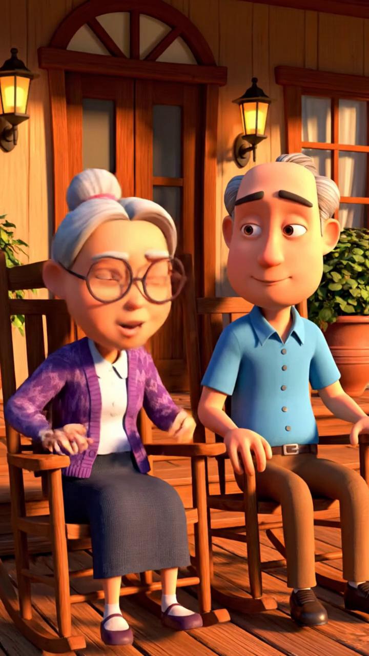 Prompt: Pixar-style 3D animated short.
Old man and old woman sit on a front porch.

ONLY THE OLD WOMAN SPEAKS IN THE NEXT LINE.
OLD WOMAN (female voice):
“John, how many women have you slept with?”

ONLY THE OLD MAN SPEAKS IN THE NEXT LINE.
OLD MAN (male voice):
“You won’t believe me, but it’s only been you, darling.”

ONLY THE OLD WOMAN SPEAKS IN THE NEXT LINE.
OLD WOMAN (female voice):
“I don’t believe you.”

ONLY THE OLD MAN SPEAKS IN THE NEXT LINE. THIS IS HIS LINE.
OLD MAN (male voice):
“Well, let’s just say the rest of them never let me get any sleep.”

NO ONE SPEAKS AFTER THIS.
The old woman reacts with a shocked expression in silence.