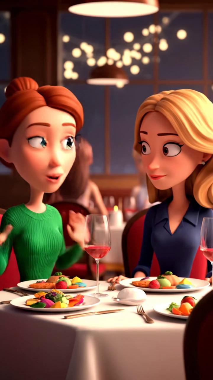Prompt: ' PIXAR-STYLE 3D SHORT — OPENART
' SETTING: Restaurant dinner table
' STYLE: Clean, cinematic, soft lighting
' RULES:
' - ONLY the named speaker speaks per line
' - NO speaker swapping
' - Dialogue only where specified

Shot 1:
' Medium two-shot of two women seated at a restaurant table with dinner plates.

ONLY WOMAN_1 SPEAKS IN THE NEXT LINE.
WOMAN_1 (female voice):
"What are you giving your mother-in-law for Christmas?"

Shot 2:
' Cut to WOMAN_2. She smirks slightly before answering.

ONLY WOMAN_2 SPEAKS IN THE NEXT LINE.
WOMAN_2 (female voice):
"Her son back if he doesn't shape up!"

Shot 3:
' Cut back to WOMAN_1.
' She reacts with widened eyes, then bursts into laughter.
' NO DIALOGUE.
