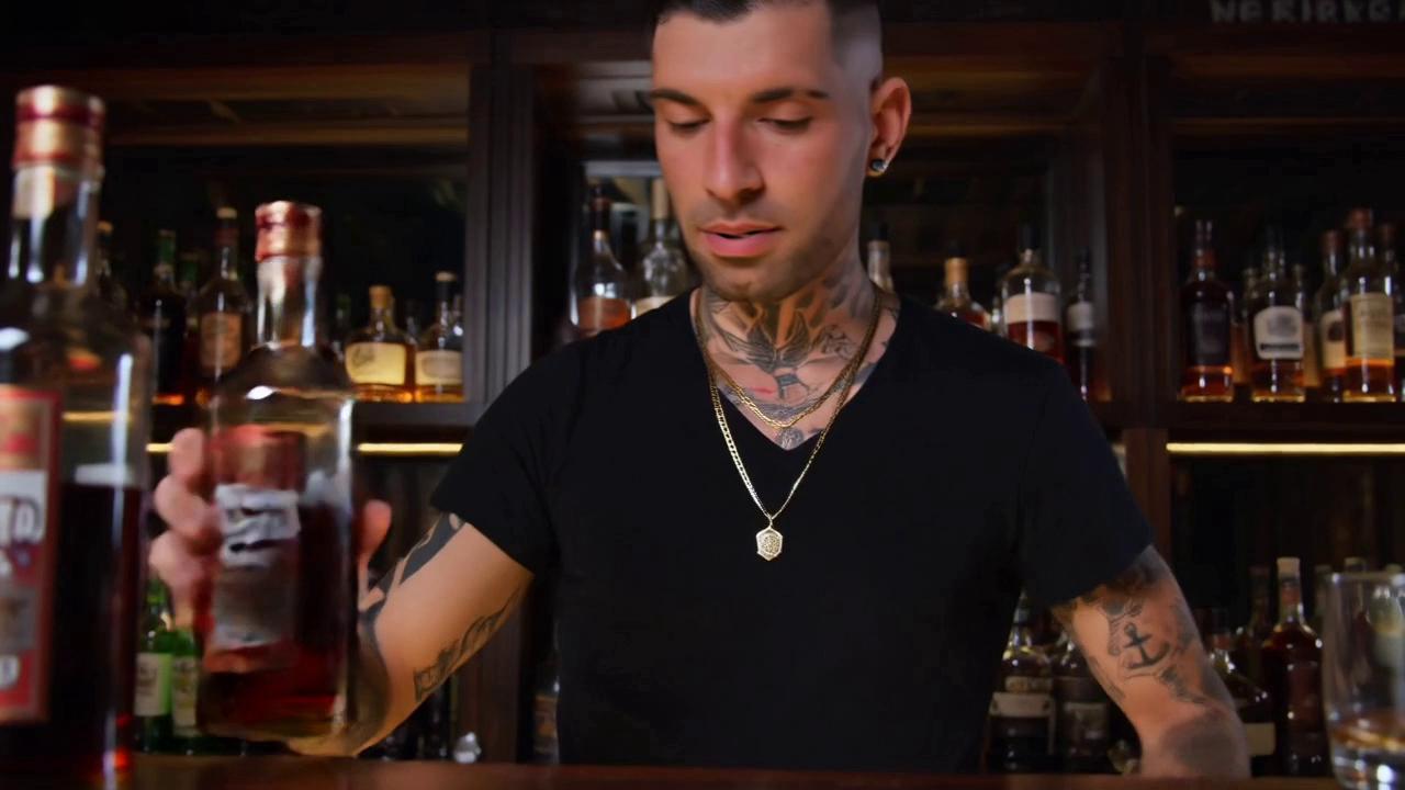 Prompt: Crea una pubblicità con questo personaggio che sponsorizza una bottiglia di "Amaro Piras"