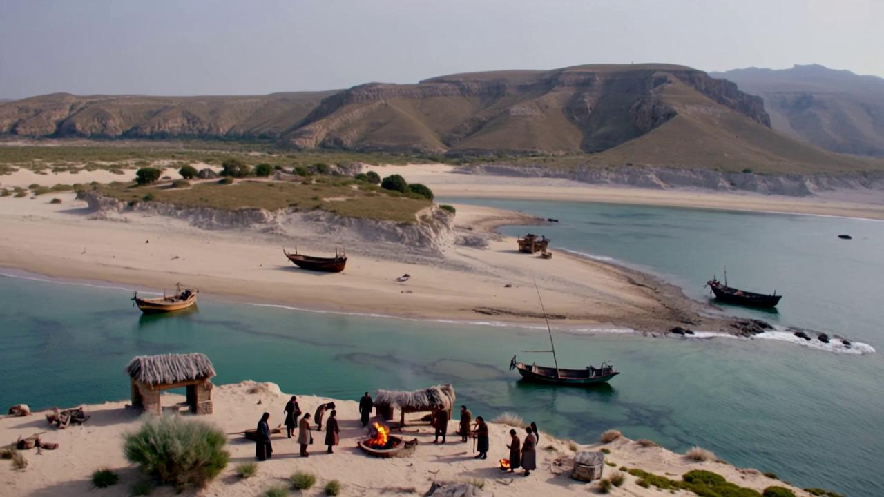 Prompt: "Create a cinematic drone-style video set in ancient Oman around 3000 BCE. The scene shows a small group of people living in elevated areas, relying on fire to cook meat and leading a very simple life. Stone houses are scattered across the landscape, with no signs of advanced civilization except for some old copper utensils. The coastline features a few modest boats on calm waters. The camera smoothly transitions from a wide shot to a close-up of the people and their surroundings, revealing strange prehistoric animals in the background. The video ends with a gradual fade to black, ensuring a smooth and professional closure."
