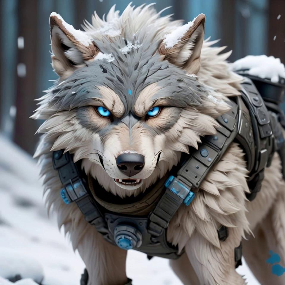 Prompt: A wide shot of an arctic wilderness at dawn. Snow falls lightly. A lone gray wolf sprints across a frozen landscape, breath forming clouds in the cold air. His fur is battle-worn, gear tattered, eyes icy blue. The wind howls.