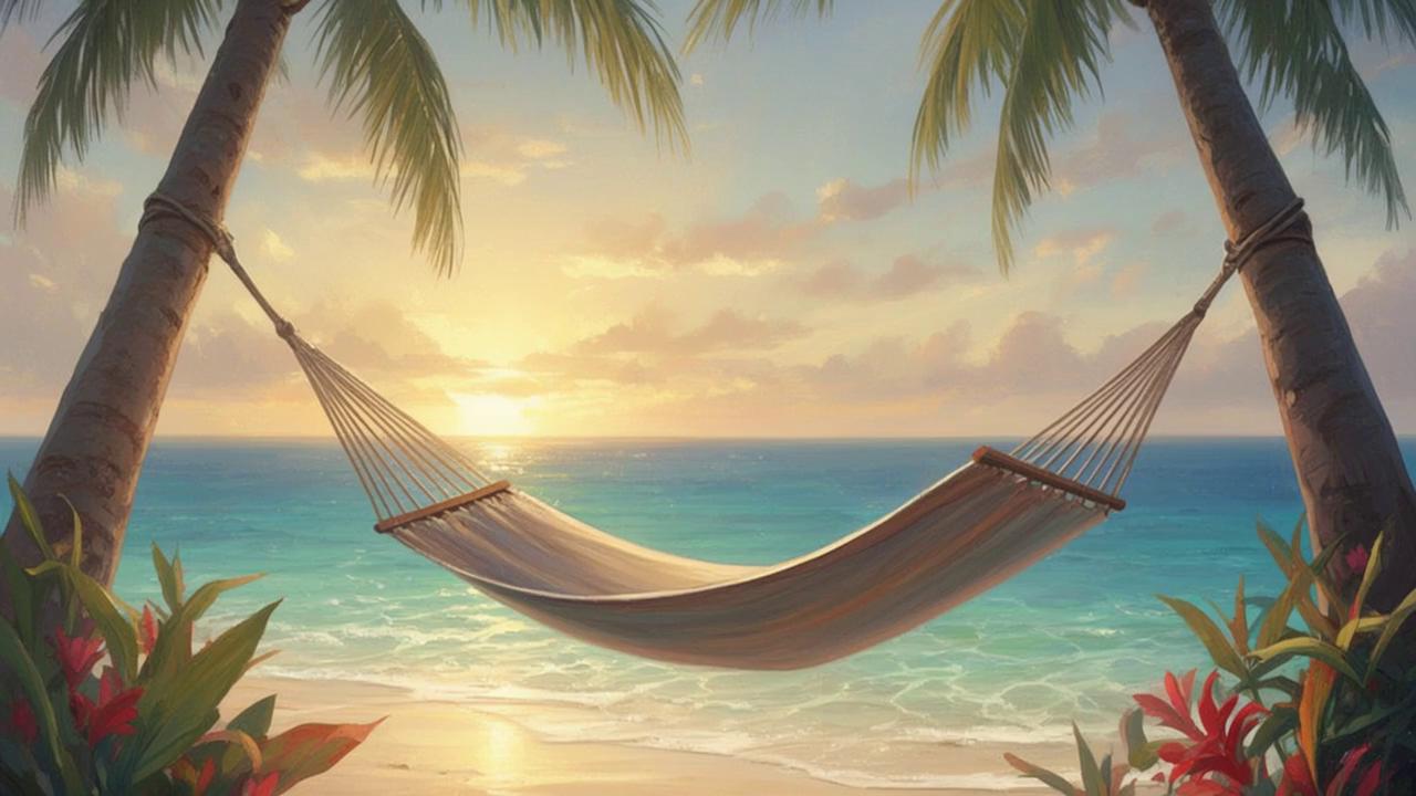 Prompt: The hammock should swing back and forth and the leaves should blow in the wind. The water should ripple