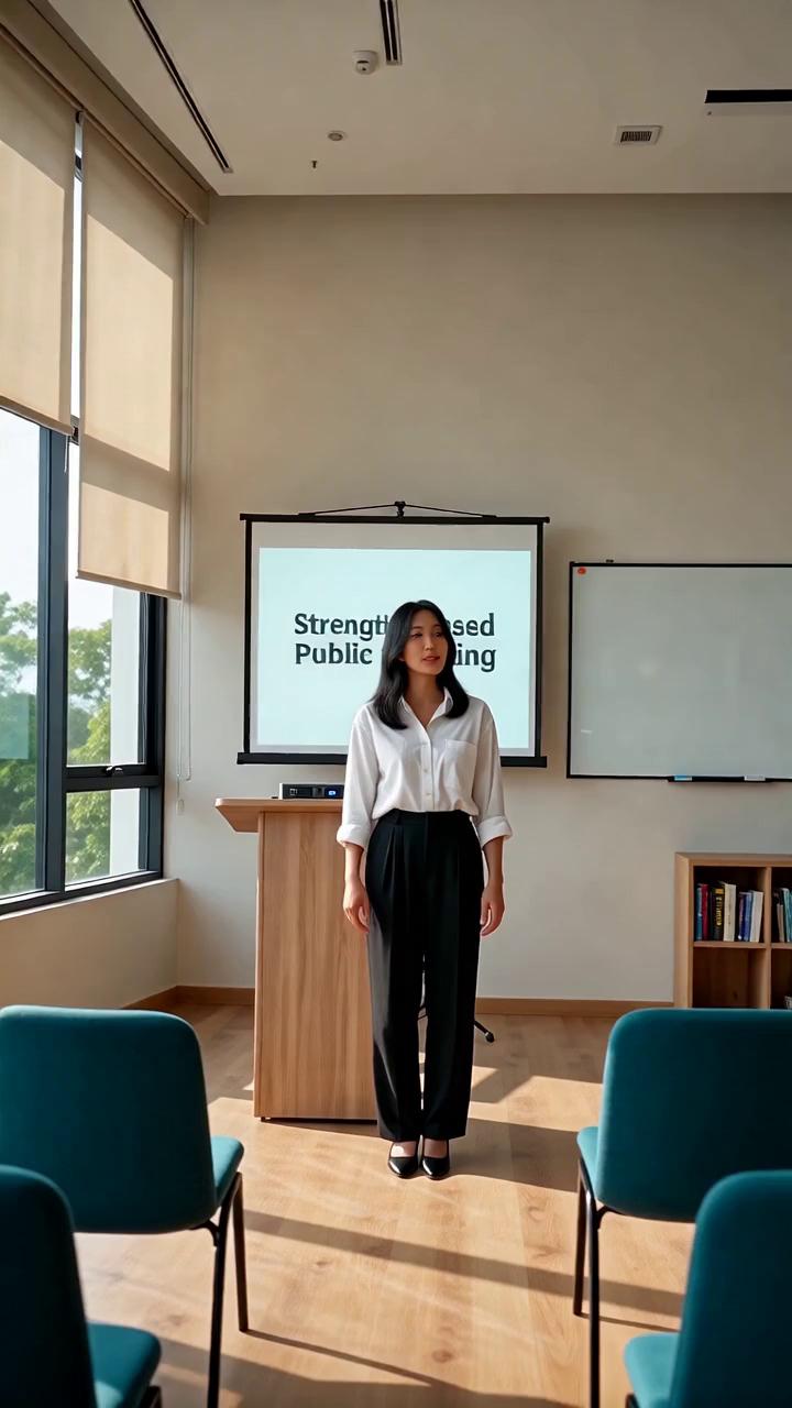 Prompt: A young attractive lady convincing others to join a training/workshop, saying all these words in the script below:
*Workshop: Strengths-Based Public Speaking*
~ Speak Better, Lead Better Connect Through Your Strengths ~

Pernah merasa sudah bicara dengan niat baik, tapi ditangkap berbeda oleh orang lain? Atau merasa bisa komunikasi, tapi belum terasa natural?

Kadang yang kita butuhkan bukan teknik baru,
melainkan menemukan gaya komunikasi yang paling autentik — sesuai dengan strengths dan kepribadian kita.

Workshop ini cocok untuk kamu yang ingin:
• Lebih nyaman menyampaikan pendapat
• Tetap profesional tanpa memaksakan diri
• Punya presence yang kuat dengan caramu sendiri

📆 Kamis, 12 Februari 2026
⏰ 09.00 – 17.00 WIB
📍 Unika Atma Jaya
✨ Includes lunch, coffee break & sertifikat

Daftarkan dirimu sekarang — *seat terbatas*!
📲 Scan barcode untuk pendaftaran

Kalau mau tanya-tanya dulu, silakan hubungi
📞 +62 818-1881-3690 (Octa)