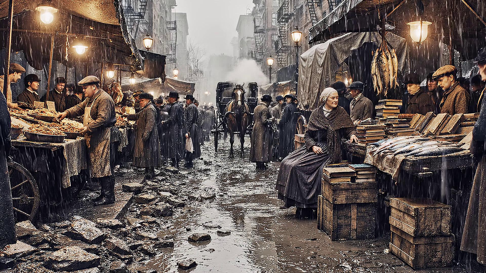 Prompt: A continuous tracking shot moving sideways through a busy New York City marketplace in 1900s New York. Streets of rubble, merchants selling books and food, Batman running across the path. The camera moves steadily past the stalls. Dark rainy lighting, desaturated colors, cinematic documentary style, handheld camera shake. Video ends with text Batman 2 coming in 2027.