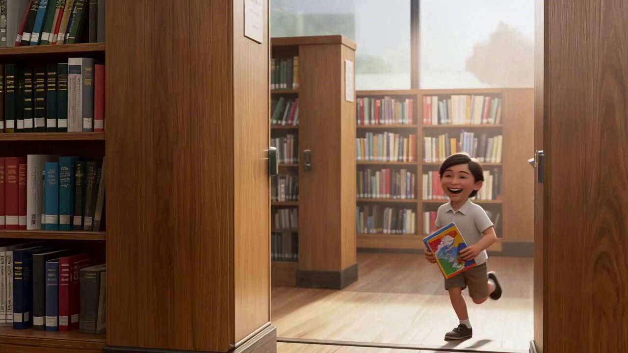 Prompt: A cinematic scene inside a bright, modern library filled with tall bookshelves, colorful books, and warm sunlight streaming through large windows. The atmosphere is cheerful, welcoming, and lively.
A group of happy elementary school kids run excitedly into the library entrance, laughing and full of energy. The camera follows them smoothly in a natural tracking motion.
One boy runs slightly ahead of the group. Unlike the others, he looks slightly tense and uncertain while still moving forward quickly, as if he is unsure about something but following the crowd.
A friendly adult male library employee steps in from the side to gently block his path. The employee has a calm, slightly teasing but mildly stern playful expression (not aggressive, not intimidating). His body language stays relaxed and welcoming.
He wears a clean white shirt with clear readable text: “jesusistheword.org” printed on the front.
The employee softly raises one hand in a gentle stop gesture. He leans in slightly and asks a short, friendly question in a light tone (no harshness).
The boy stops immediately, looks up with a tense, shy expression, then  shakes his head “no.”
The employee reacts with a small knowing smile, slightly amused but kind, easing the tension. The moment becomes warm again, not awkward or strict.
Background kids continue moving naturally but blured, keeping the mood lively and positive.
Smooth cinematic motion, realistic timing (run → stop → reaction), soft depth of field, warm golden lighting, kid-friendly atmosphere, wholesome tone, natural facial expressions, high-quality animation.