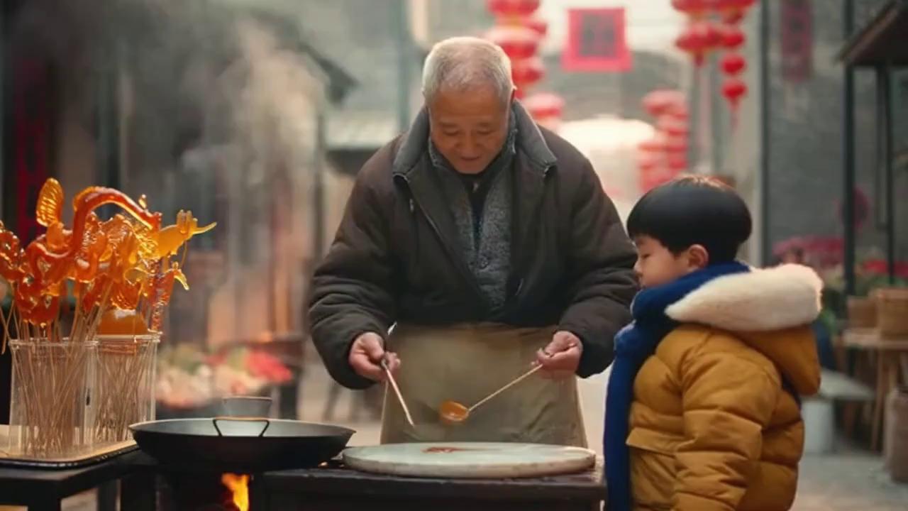 Prompt: 帮我创建一个爷爷教孙子吹糖人的视频，要求里面有对话，有字幕，有中国的街道商贩场景，能体现中国文化，能体现爷爷的慈爱和孙子的可爱，有吹糖人的细节
