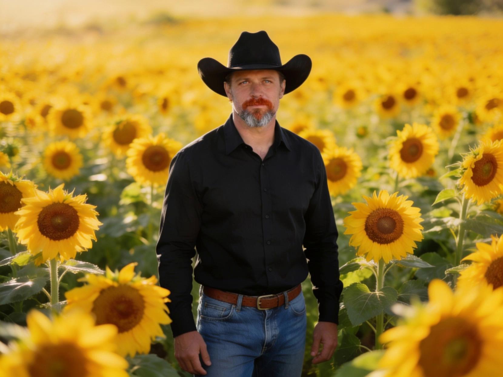 Prompt: sunflowers wave back and forth in a breeze, man smiles and opens his arms for a hug. He says, "I love you gorgeous. You are the light of my life, my hope, my desire, my dream come true."