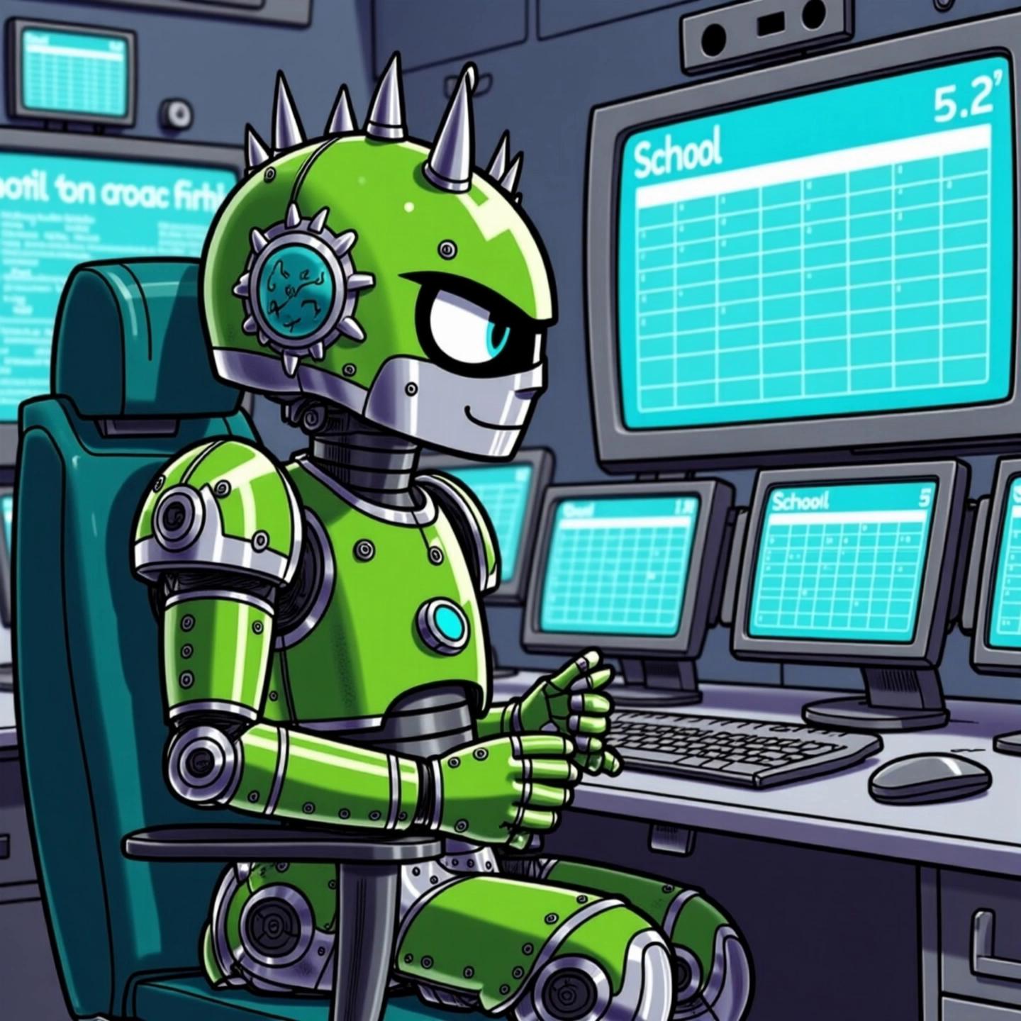 Prompt: Rorbot is looking at the computer is surprise. as it shows a notification. Someone has logged in to the system. He turns to the camera and tilts his head, looking at us.