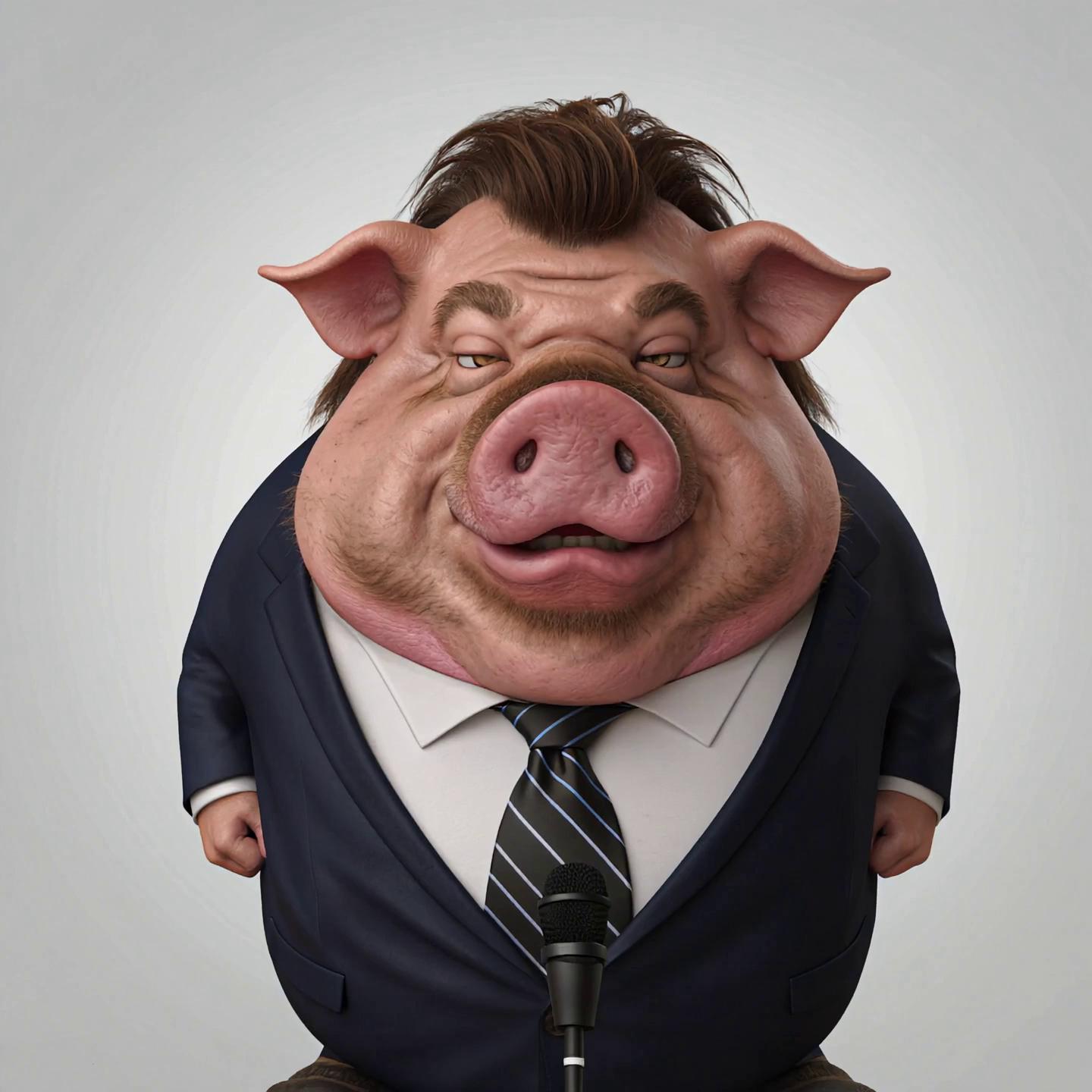 Prompt: Anthropomorphic obese Pig Donald Trump, he has lost most of his hair and the few strands are teased very thinly on his fat pig head, the face is heavily spray tan coloring  and old saggy skin complexion with identical trump’s human eyes and mouth and a pig snout for a nose, his face is heavily spray tanned with pinky white skin showing around his eyes and his neck and pink pig ears, his fat face is angry and his lips though small pouting out as he speaks