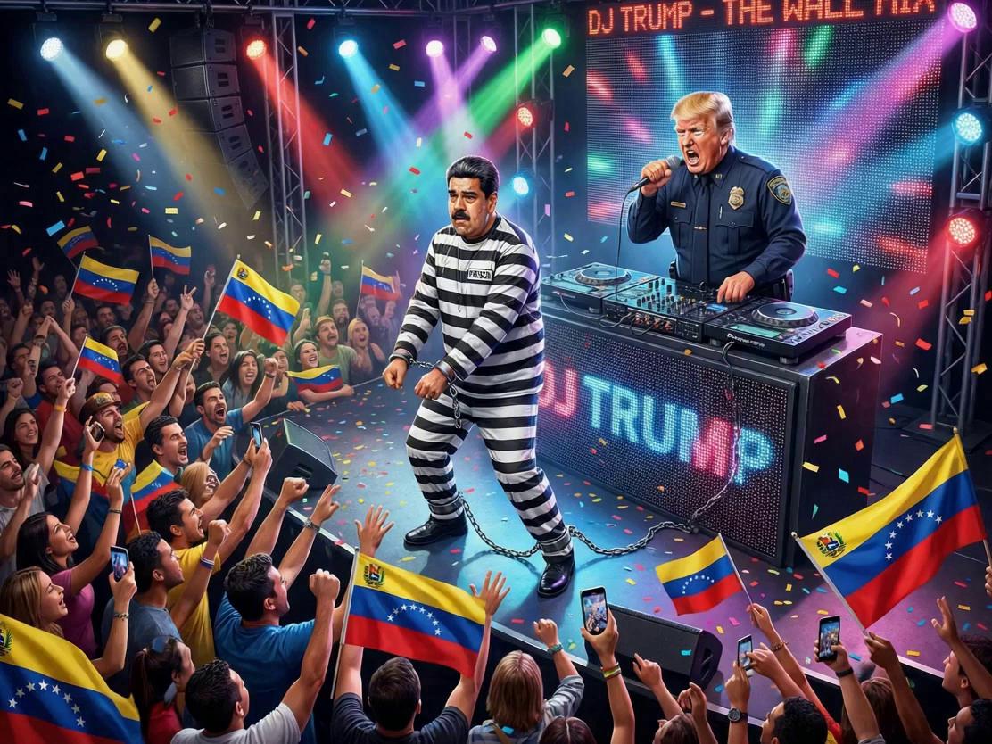 Prompt: A satirical, high-energy concert prison scene filmed in wide and medium shots, no close-ups. A Trump-like DJ dressed as a prison guard stands behind a DJ booth, speaking fast, loud, and sharply into a microphone: “Dance Mahdooro, dance. No rhythm no freedom. Dance like your oil is depending on it.” After he says “No rhythm, no freedom,” the beat drops harder and the music intensifies. In front of him, a Maduro-like prisoner in black-and-white stripes is chained and suddenly dances even more aggressively, faster and wilder than before, moving nonstop as if his life truly depends on it. The crowd is screaming, waving Venezuelan flags, the lights are flashing, and the atmosphere is loud, chaotic, cinematic, and absurd.