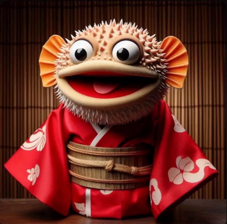 Prompt: An anthropomorphic pufferfish wearing a kimono enters a temple and does kung fu poses..