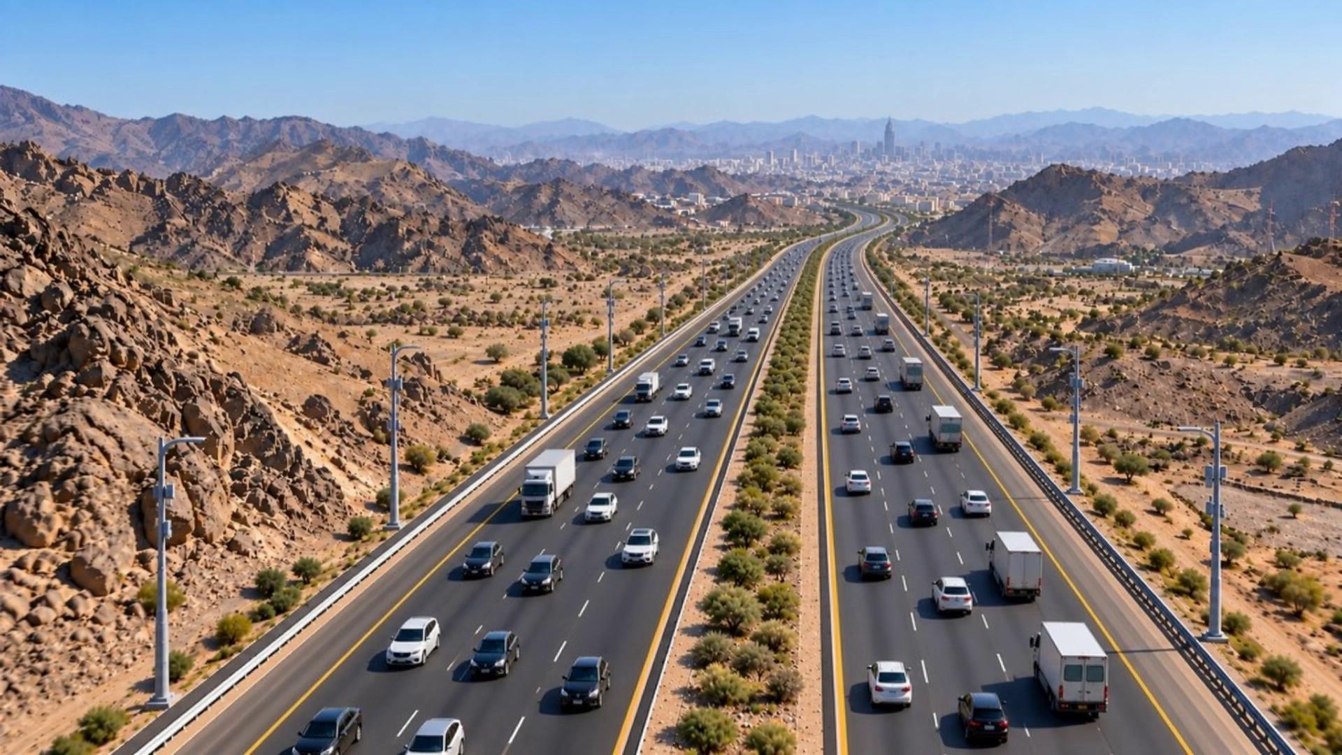 Prompt: Animate the supplied image as a realistic 10-second cinematic aerial drone shot of the MBS Highway between Jeddah and Makkah. Preserve the source image exactly — highway geometry, four traffic lanes plus shoulder in each direction, central landscaped median, smart poles, guardrails, desert terrain, mountains, distant city, lighting and overall composition.
Animate the existing traffic with smooth, natural highway movement. All cars, SUVs and trucks travel forward within their existing lanes at realistic highway speeds.
Traffic on the two carriageways must move in opposite directions. All vehicles within each carriageway travel in the same correct direction. Trucks remain naturally interspersed with cars and stay predominantly in the appropriate slower lanes.
Vehicles maintain realistic spacing, make only occasional subtle lane changes, and never cross the median, shoulder or lane boundaries unnaturally.
Add subtle environmental motion: slight atmospheric haze in the distance and very gentle heat shimmer above the road surface. Vegetation remains largely stationary.
Camera movement: smooth, very slow aerial drone movement forward along the highway toward the distant horizon, maintaining approximately the same altitude and central alignment. Use subtle cinematic parallax in the foreground terrain. No dramatic movement.
The result should feel like ordinary daytime traffic captured by a professional drone, not an AI visualization. Photorealistic, calm, sophisticated and natural.
Do not animate or change the highway structure. Keep exactly four lanes plus shoulder on each carriageway throughout the entire 10-second clip. 