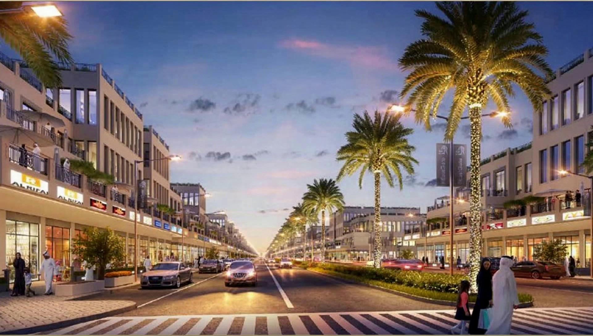 Prompt: show a car coming in form the left and turning on to the right side of the road (right lane on the righ side of the median and have the car drive down the road with enhance digital signage on the buildings and smart street poles in the median strip