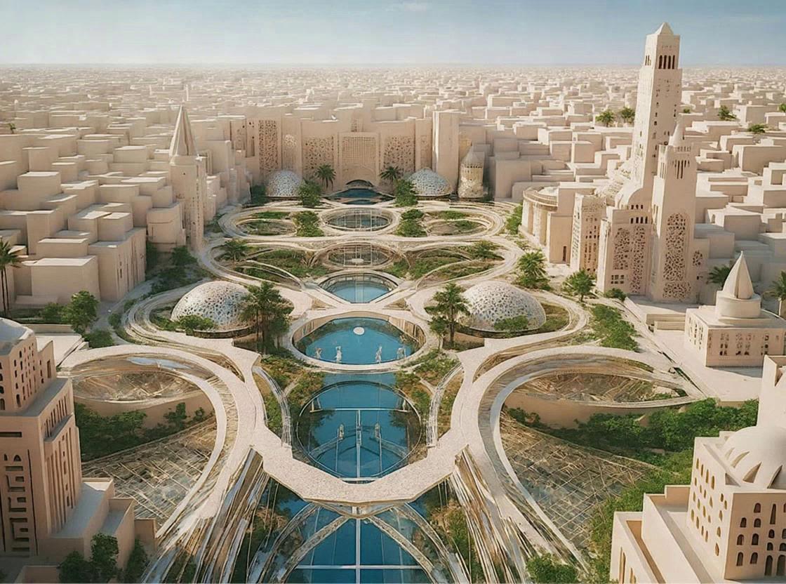 Prompt: fly over the central urban couryard space - make buidking more saudi style while changing the tower to a mosque minarete