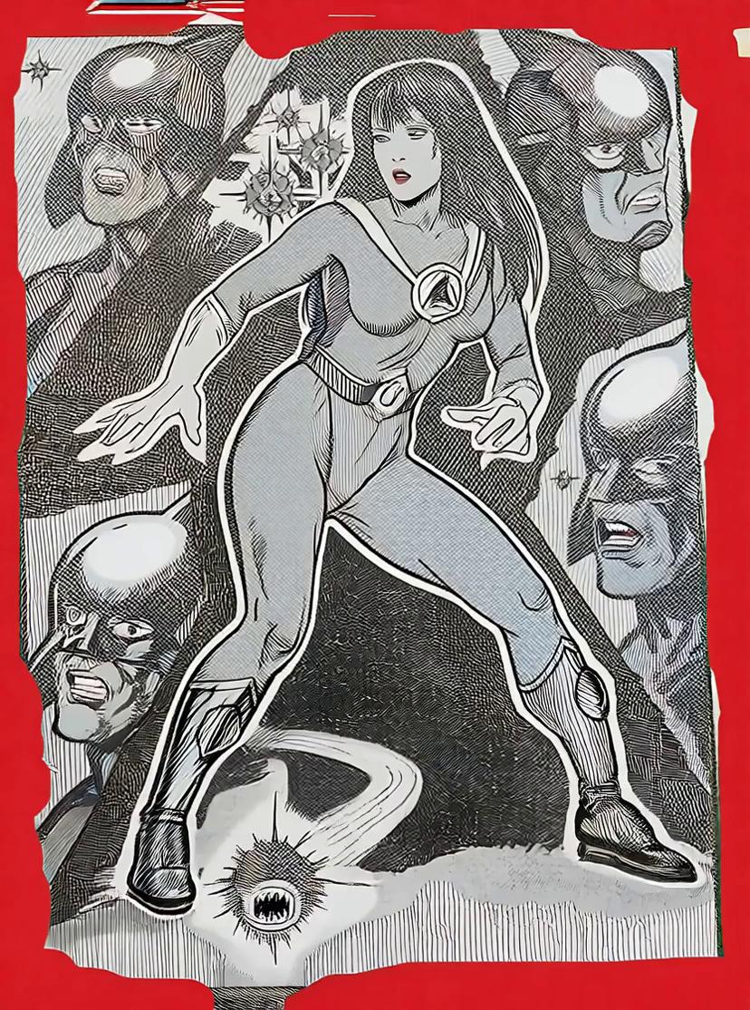 Prompt: keep this super hero  image as the same but turn her into light blue and gold suit into a woman with long blonde hair, nice movements and turn the others into blue suits and head gear. the puffer fish with spines is attacking them. turn the whole picture into colour.