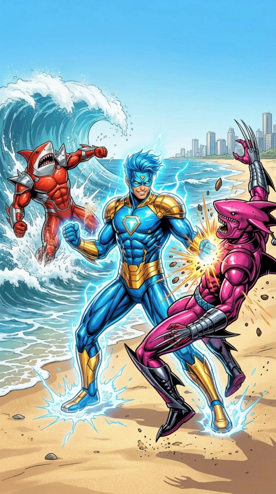 Prompt: keep to the images have them fighting the main character which is the one in blue on a beach plenty of kung fu fighting skills have the sea waves moving move them all slowly back and view them all together more