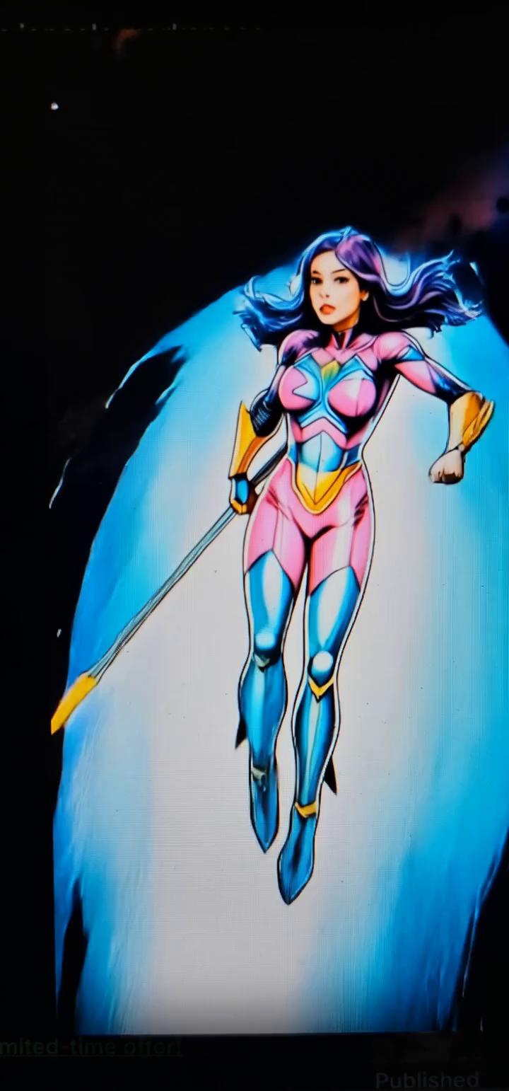 Prompt: have her in the green outfit flying down to a beach and fighting a monster