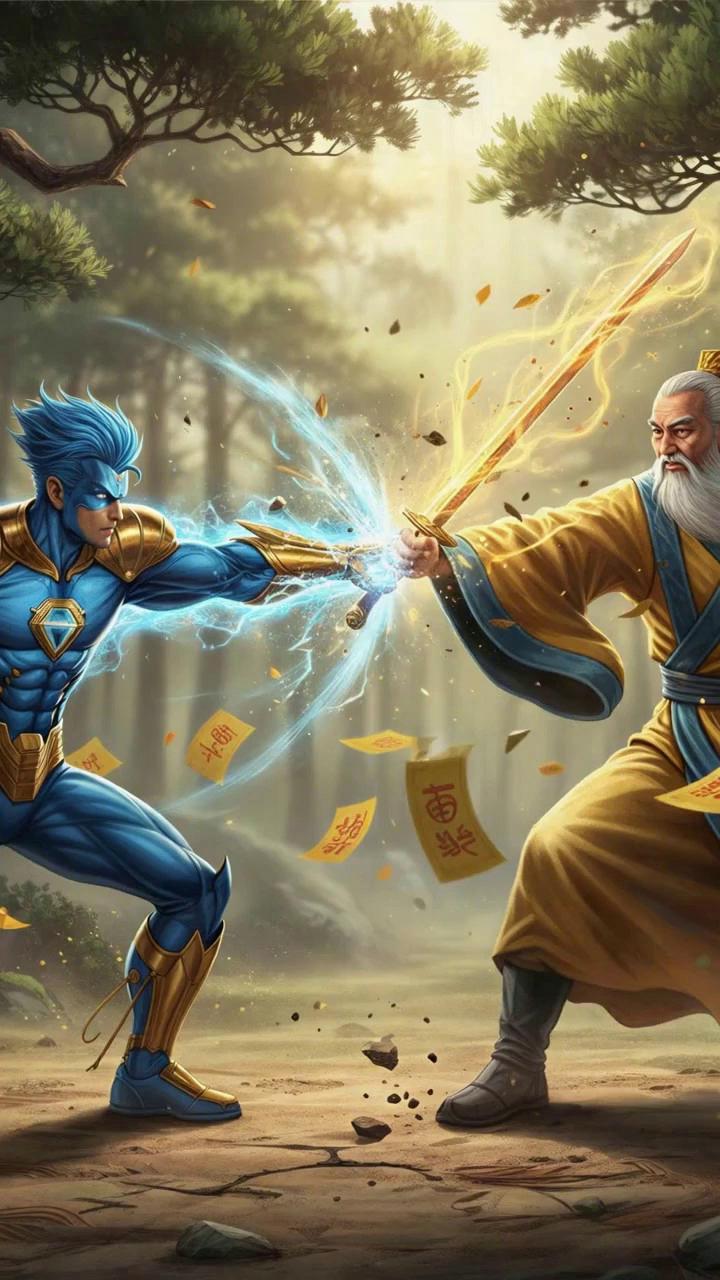 Prompt: have image in blue pick up other image and fly off into the sky