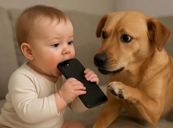 Prompt: Baby eating a phone and a dog trying to stop him

