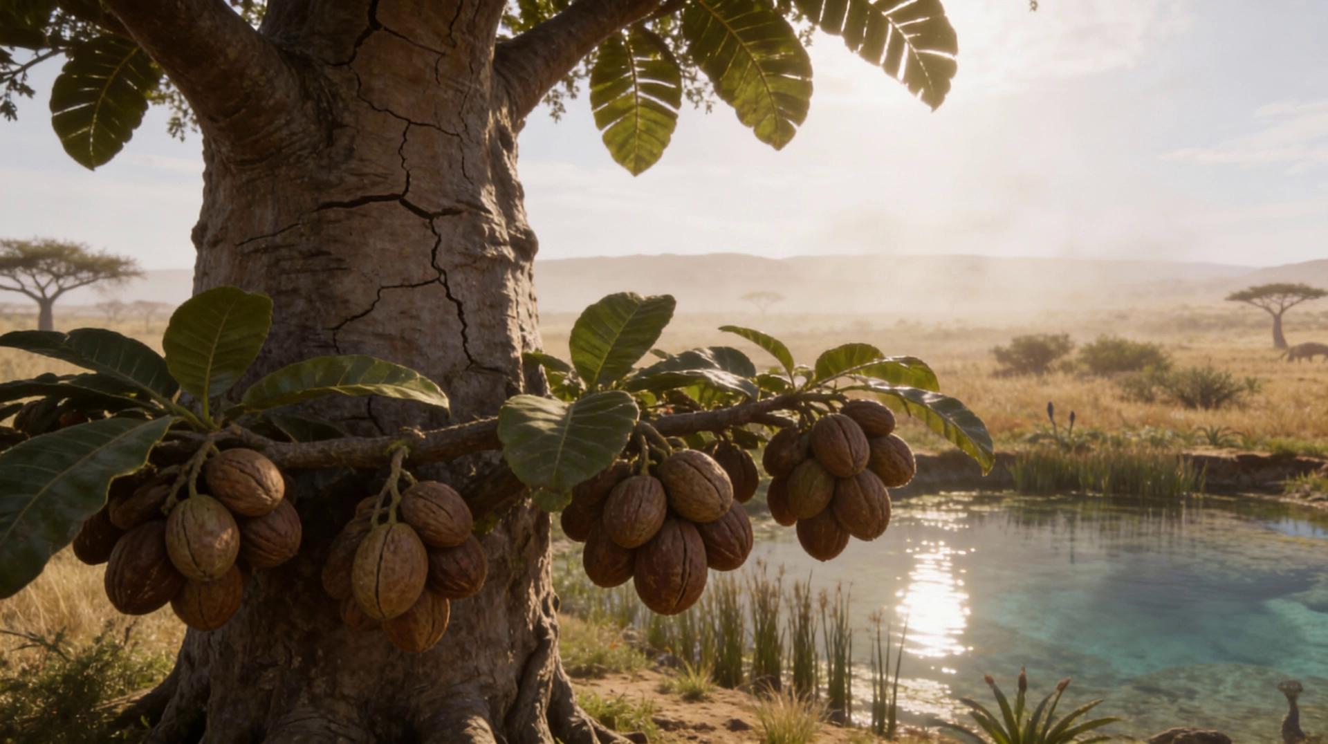 Prompt: A cinematic close-up of a thick, ancient tree trunk with clusters of ripe brown fruit hanging from low branches beside a clear desert water pool. The camera performs a slow, handheld rotation orbiting gently around the tree trunk, maintaining a close distance. The movement is subtle and natural, with very light handheld micro-shake, as if filmed by a calm wildlife documentarian. A gentle breeze softly sways the leaves, fruit clusters, grasses, and reeds near the water. The water surface shows faint ripples and soft sunlight reflections. Warm golden-hour lighting, realistic bark texture, detailed leaves, shallow depth of field with a softly blurred background savanna. Ultra-photorealistic, grounded, serene, cinematic nature documentary style.