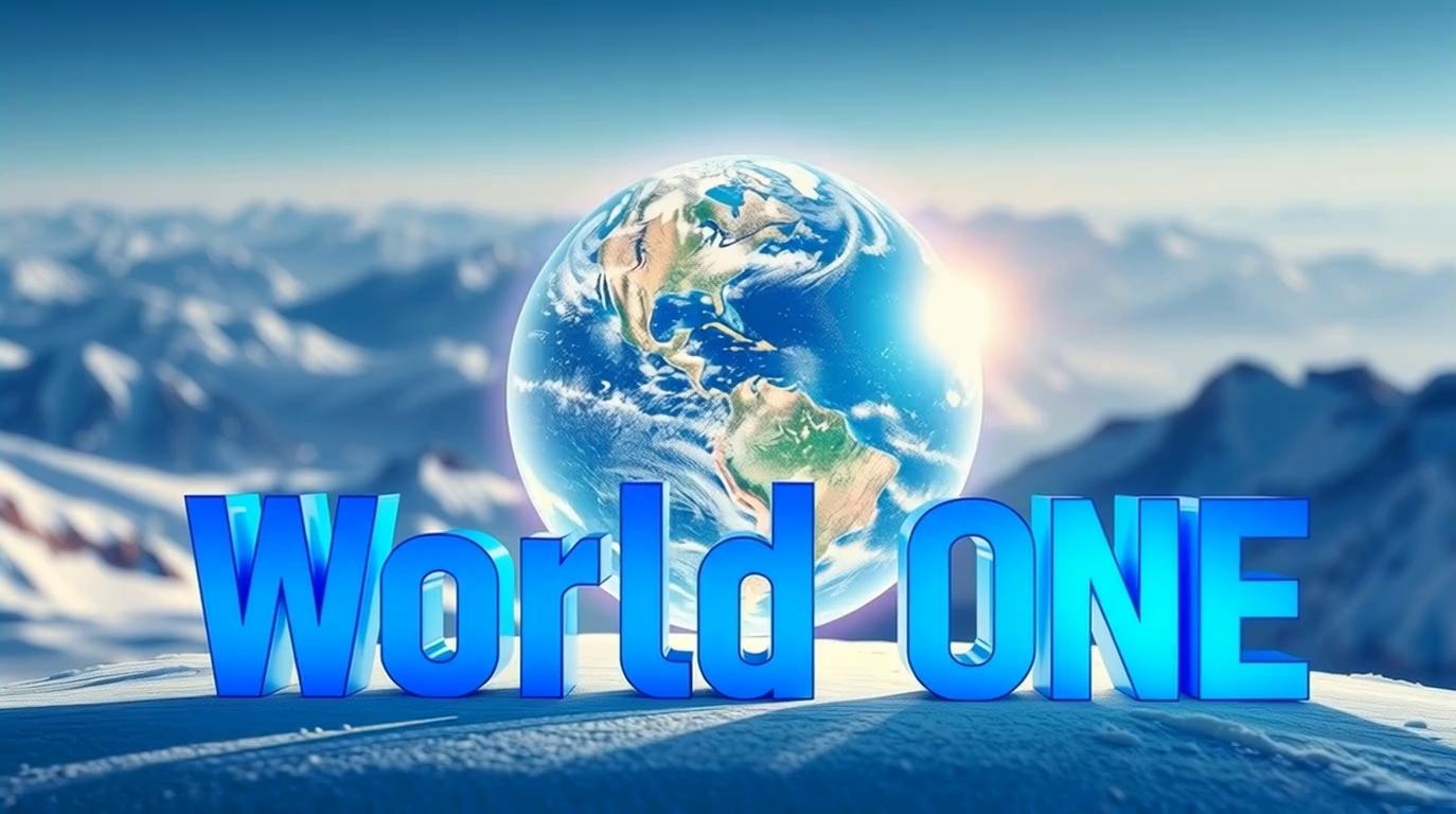 Prompt: 
 8K, ultra-realistic. glowing planet earth as transparent, levitating crystal globe, landmass and oceans  . hi altitude  snow storm in background. bold blue 3d text logo " World ONE " in front. dynamic

