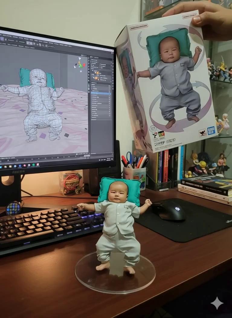 Prompt: Nure two hand gently pick up the figure on the frame and rotate it slightly for inpection.the model in the packaging box remain stationary, while all other background elements stay unchanged.