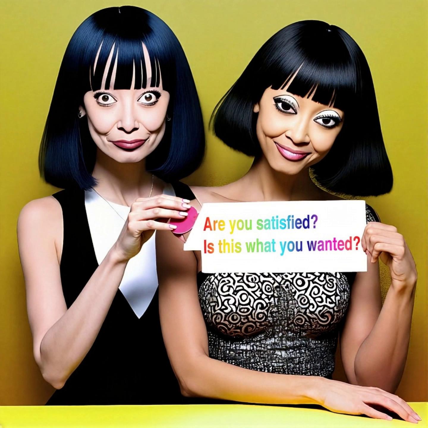 Prompt: The two ladyes smirking cinically, little movements as breathing.