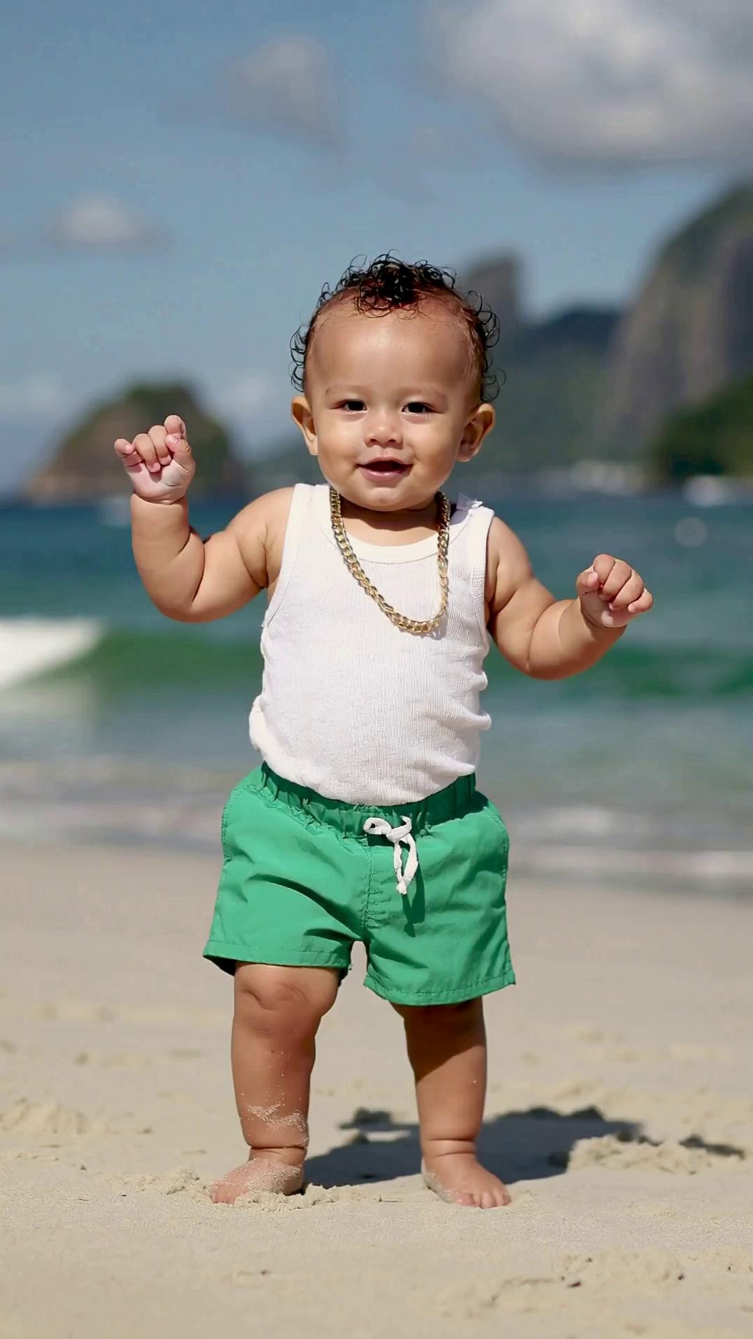 Prompt: A 10-second ultra-high-quality cinematic video of a cute, adorable baby dancing joyfully and confidently, with perfectly coordinated dance moves. The baby’s entire body is fully visible at all times, centered in the frame.
The baby has chubby cheeks, a happy playful smile, light skin, blue eyes, and short curly hair. He makes adorable, funny facial expressions while dancing, reacting naturally with joy and excitement.

The baby is wearing green swimming trunks, a white tank top, and a gold chain necklace that gently dangles and swings naturally with his movement as he dances.

The setting is a sunny beach in Rio de Janeiro, Brazil. The background is slightly blurred with cinematic depth of field, but still clearly recognizable as a Brazilian beach — visible sand, ocean waves, bright sky, and subtle hints of Rio’s coastal scenery.
The camera remains stable and smooth, medium-wide shot, capturing the baby’s full body with natural lighting, warm colors, and vibrant tones.

The baby dances energetically, joyously, and rhythmically, with playful arm movements, bouncy steps, and expressive head tilts. The mood is happy, wholesome, viral, and attention-grabbing, optimized for social media.
Ultra-realistic, high detail, sharp focus on the baby, smooth motion, no distortion, no extra people, no text, no watermarks.