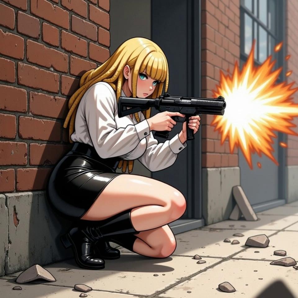 Prompt: She fires shots, scans left and right, then fires more shots.