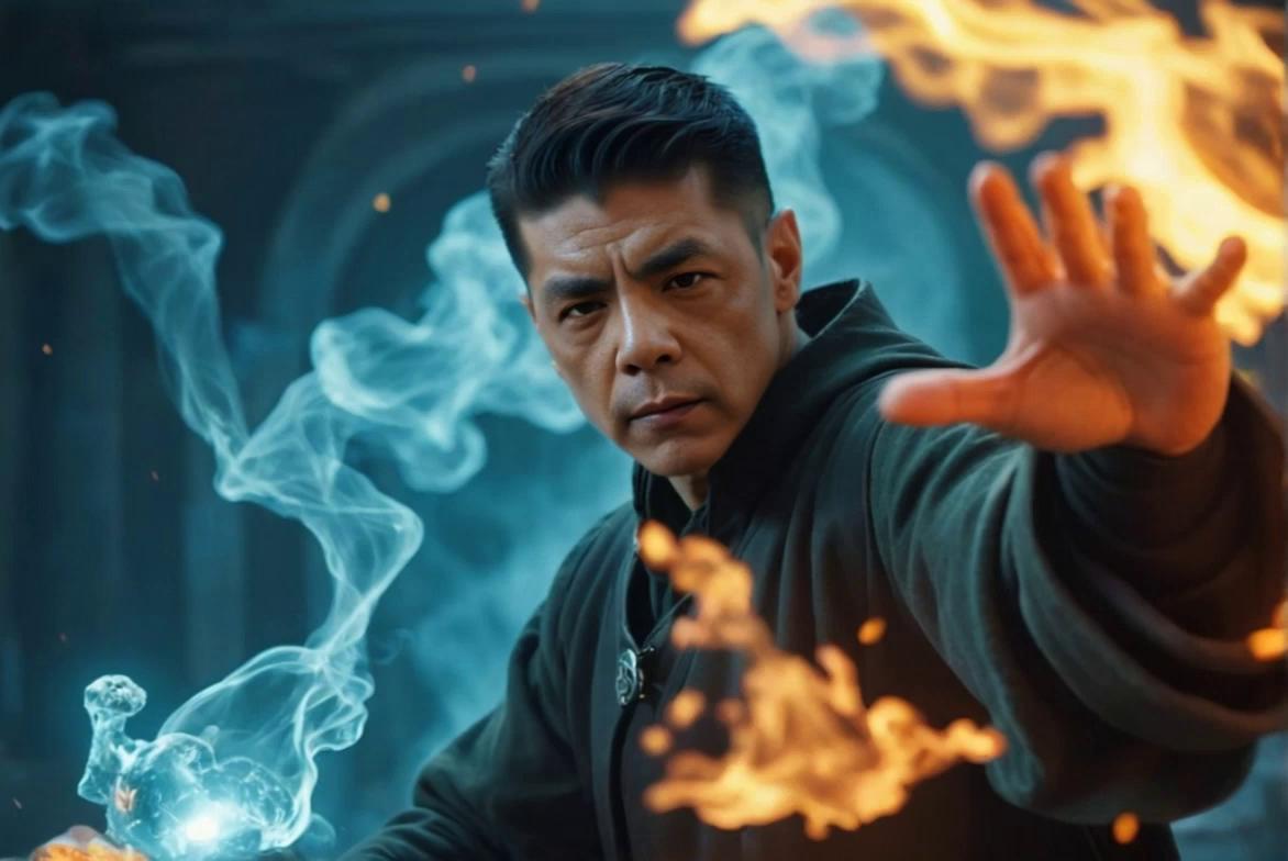 Prompt: man kungfu moves and the fires and smoke follows his arm movement