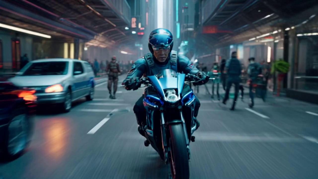 Prompt: fpv drone shot of a biker riding the busy cyber streets, cars , buses and motorcycles and people on the sidewalks, he makes sharps turns  with the camera following his movement.
