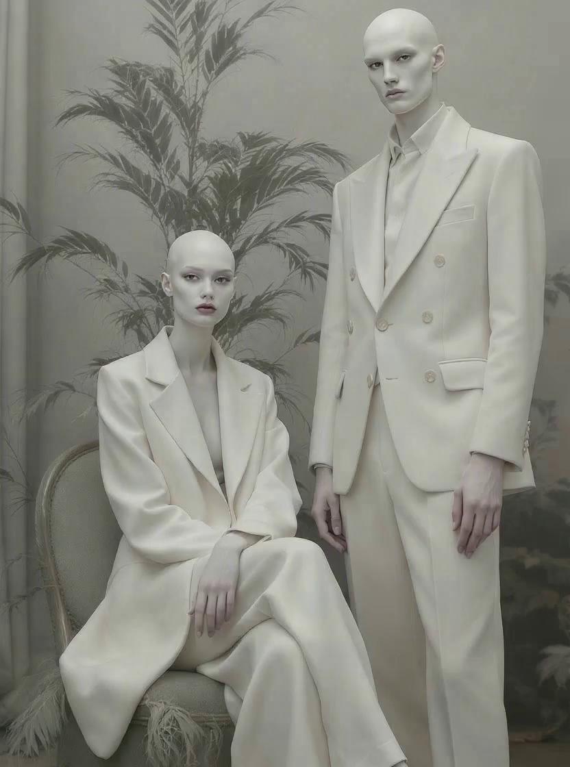 Prompt: Dynamic fashion film sequence: A seated white woman stands up and walks two steps diagonally forward to her left. Simultaneously, a standing white man walks two steps diagonally forward to his right. They cross paths in an X-pattern movement. The woman stops and places one hand on her hip in a confident pose. The man adjusts his tie with an arrogant, dismissive expression. Both models are tall, slim, wearing high-fashion clothing in a foggy atmospheric setting with a large plant nearby. Maintain serious, fashion-forward mood throughout the movement.