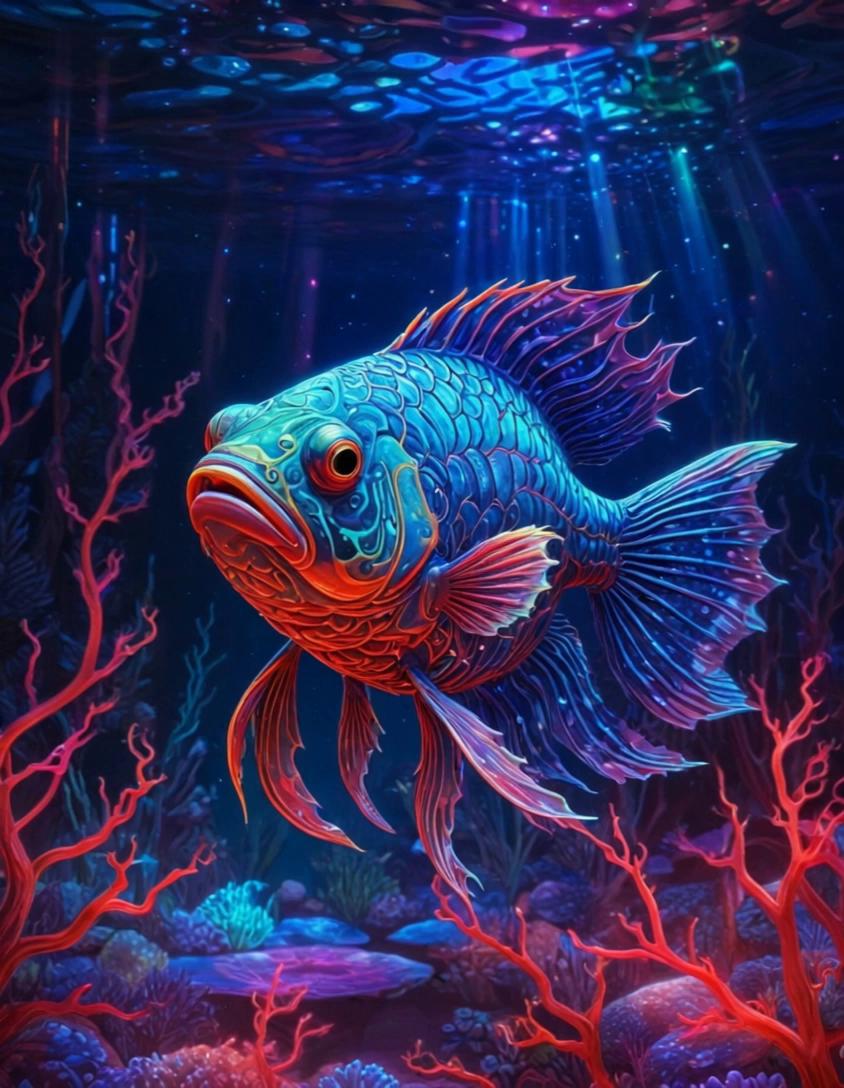 Prompt: FISH SLOWLY SWIMMING, PLANTS MOVE SLOWLY